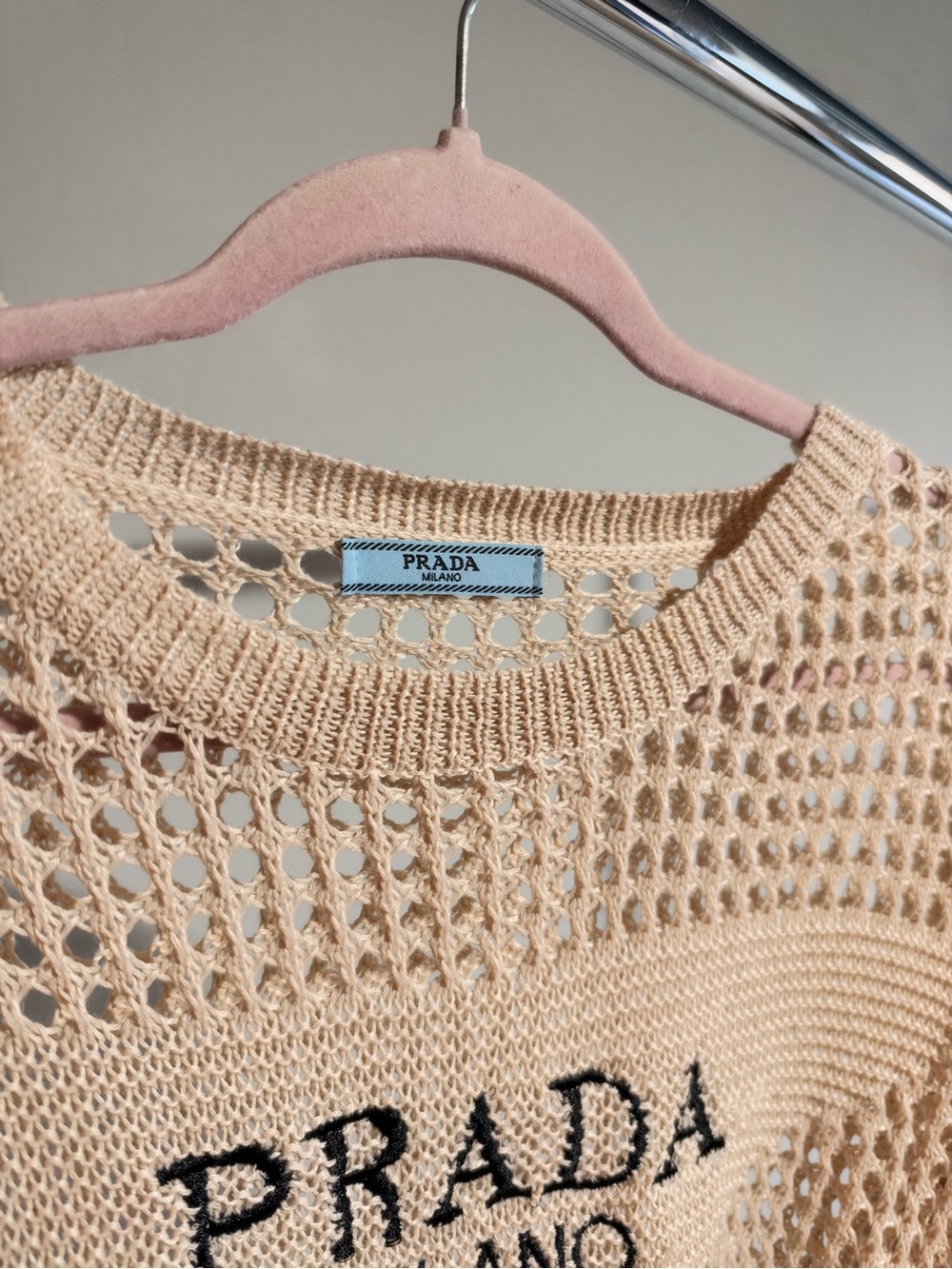 Prada Open Knit Logo Sweater in Beige Like New - Picture 3 of 3